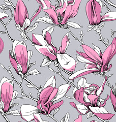 Seamless pattern. Pink Magnolia flowers on a light gray background. Textile composition, hand drawn style print. Vector illustration.