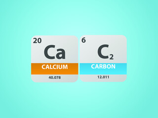 Calcium Carbide CaC2 molecule. Simple molecular formula consisting of Calcium, Carbon , elements. Chemical compound simplified structure on blue background, for chemistry education 