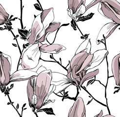 Fototapety  Seamless pattern. Gray-pink Magnolia flowers on a white background. Textile composition, hand drawn style print. Vector illustration.
