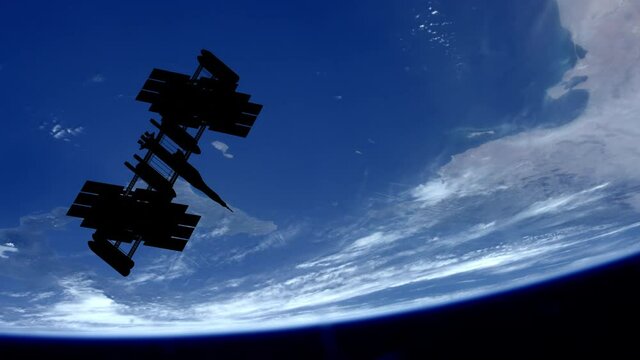 International shuttle space flying above earth planet in monitoring weather, exploration galaxy. Spaceship orbiting in the univers, shuttle into atmosphere. Images from NASA. 3D render animation.