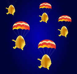 Easter egg emojis are flying on parachutes. a postcard for Easter. blue background.