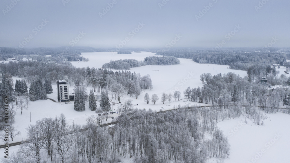 Sticker Aerial shot of a ski resort on a winter day