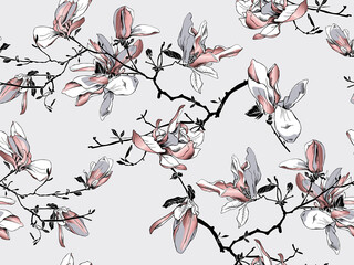 Floral Seamless pattern. Pink Magnolia flowers on a light gray background. Textile composition, hand drawn style print. Vector illustration.