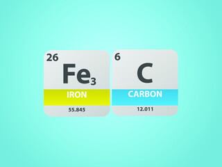 Iron Carbide Fe3C molecule. Simple molecular formula consisting of Iron, Carbon , elements. Chemical compound simplified structure on blue background, for chemistry education 
