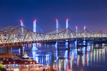 John F. Kennedy Bridge and Abraham Lincoln Bridge crossing the Ohio River into Louisville, Kentucky, USA