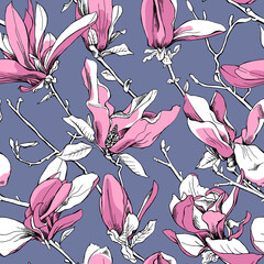 Seamless pattern. Pink Magnolia flowers on a gray-blue background. Textile composition, hand drawn style print. Vector illustration.