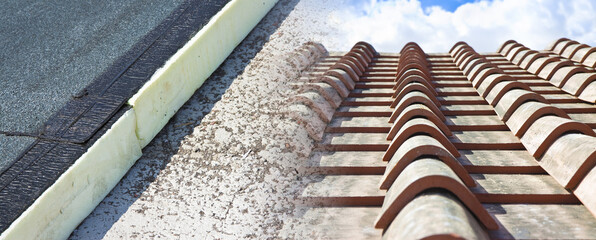 Roof thermal insulation with polystyrene panels covered with waterproof membrane under a concrete screed against a new traditional terracotta roof