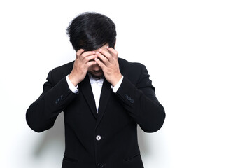 Portrait of asian handsome businessman wear suit on white background,Stress man concept