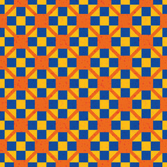 Morroccan geometric vector pattern background. Backdrop with cobalt blue and orange stone terrazzoe texured circles and squares. Modern moorish style repeat with tiled round and rectangular shapes.