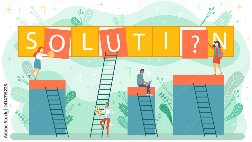 Poster search for confused idea or problem doubt solution and teamwork. clever think people do joint work w