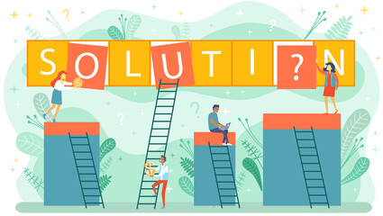 Search for confused idea or problem doubt solution and teamwork. Clever think people do joint work with project. Successful development concept with innovative plan, team building, business idea