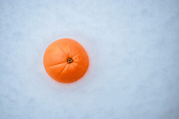 A juicy bright ripe orange lies on the white snow.