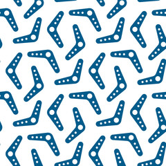Blue simple boomerangs isolated on white background. Cute monochrome seamless pattern. Vector flat graphic illustration. Texture.