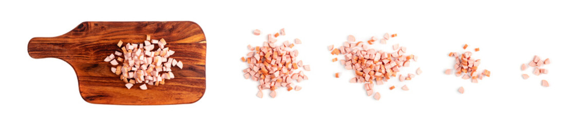 Diced Ham Isolated on White Background, Chopped Boiled Sausage