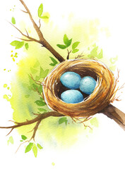 Bird nest with blue eggs on a tree branch in early spring, watercolor illustration