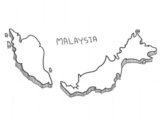 Hand Drawn of Malaysia 3D Map on White Background.