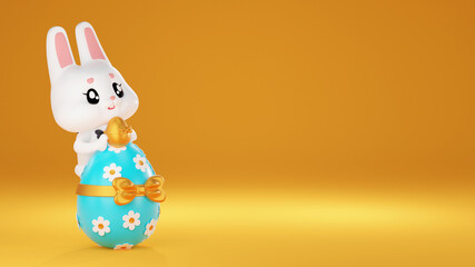 Happy Easter rabbit white holding blue egg 3d rendering