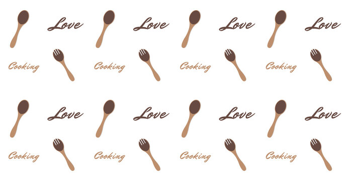 Pattern of kitchen stuff hand drawn flat icons. Love cooking. Background for cafe banner, culinary poster. Template print for cooking courses, classes, lessons. Cover for cooking, baking club.