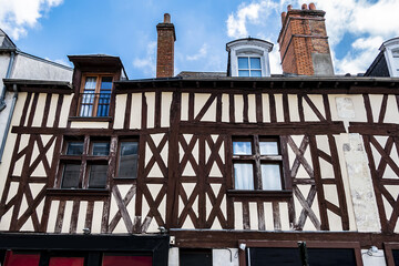 Architecture of Half-timbered buildings in old quarters of Orleans. Orleans is a city in...
