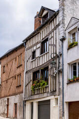 Architecture of Half-timbered buildings in old quarters of Orleans. Orleans is a city in north-central France, about 111 kilometers southwest of Paris.