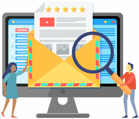 Business email in monitor background. People look at message letter for online communication. Envelope icon mail technology at computer screen. Colleagues examine letter under magnifying glass
