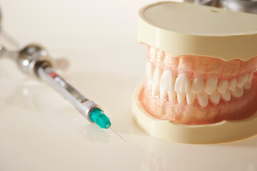 Denture prosthesis and syringe on white background