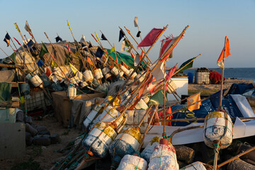 Fishermen boat flags on the beach, in Portugal