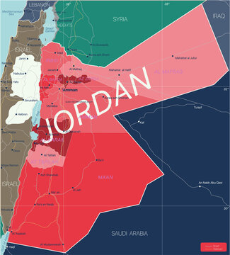 Jordan country detailed editable map with regions cities and towns, roads and railways, geographic sites. Vector EPS-10 file