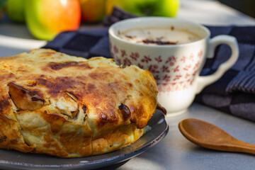 Homemade apple pie close up in the summer garden.