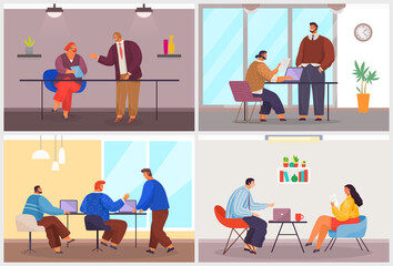 Conference of businesspeople, collection of illustrations with office workers talking, discussing project, plan, using laptops, colleagues, partnership, reading document, analysing work problems