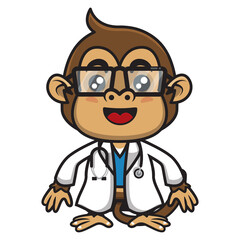 Adorable little monkey cartoon characters wearing doctor's uniform, standing and carrying a stethoscope, best for sticker or mascot of healthcare education for children