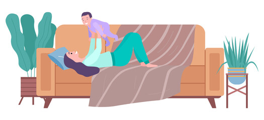 The woman plays with her son. Mom and baby are lying on the couch at home vector illustration. Female character picks up a small child. Happy family members relaxing and spending time together