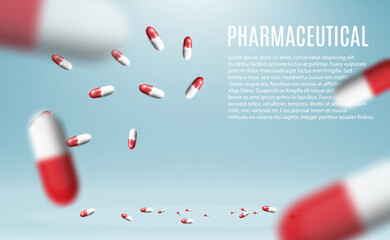 Pharmaceutical illustration of pills flying out of a bottle on a transparent background.