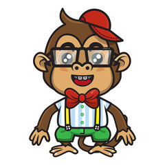 Adorable little Monkey Cartoon Character wearing eyeglasses and braces with Nerdy style, wearing baseball cap, bowties, and suspender belt