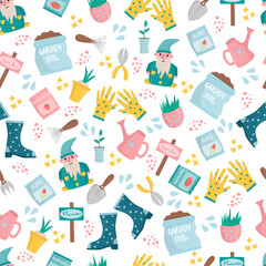 Seamless pattern with garden tools. Vector illustration of garden elements watering can, seeds, soil, plant, flowers, rake and shovel. Spring time background.