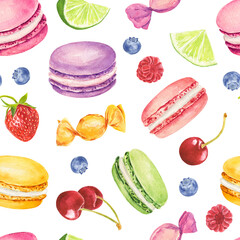 Seamless pattern with watercolor colorful macaroons and berries isolated on white background.