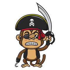 Angry little Pirates Captain Monkey wearing a pirates cap, pirates blindfold, and hook, carrying a cutlass get ready to attack opponent ship, best for mascot of Pirates themes for children