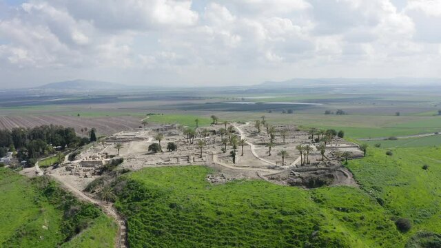 Tel Megiddo national park, Also known in Greek as Armageddon, A prophesied town for a battle during the end times, Aerial view.
