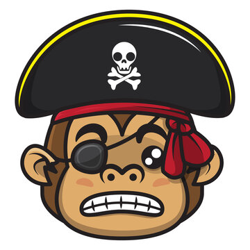 Adorable little monkey head cartoon character wearing Captain pirates hat and pirates blindfold with angry facial expression, best for icon or logo for games application of children