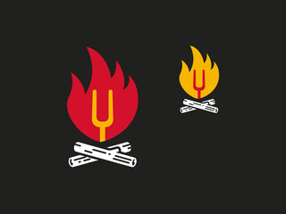 Fire blazing over wood with fork icon