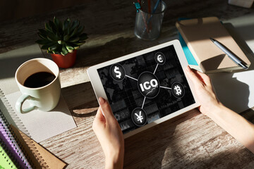 Fototapeta na wymiar ICO - Initial coin offering. Blockchain and financial technology concept.