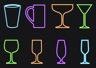 Set of neon glass icons on black background.Vector EPS10 illustration.
