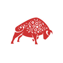 Chinese zodiac symbol paper cut Ox with flowers in red color. Isolated floral bull symbol for Year of Ox celebration. - Vector