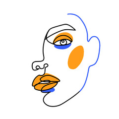 Surreal Face painting. One Line art poster. Female contour silhouette. Continuous drawing. Abstract woman Contemporary portrait.