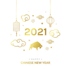 Happy Chinese New Year. Greeting card design for Year of the Ox 2021 in golden and white colors, with bull symbol, chinese lanterns, flowers and clouds. - Vector