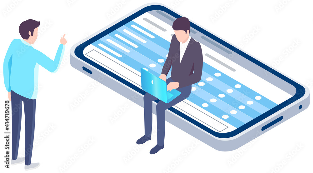 Poster application for studying. man sits at smartphone screen with checklist. expert analyzes schedule on 