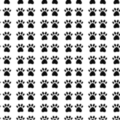 Geometrical seamless pattern with dog or cat pet paw flat icon silhouette. Simple black and white vector illustration background. Kitten or puppy trace. Backdrop for pet shop, breeder, pet adoption.