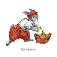 Obraz na płótnie Canvas Bunny illustration. Boy rabbit in clothes. Watercolor cute animal