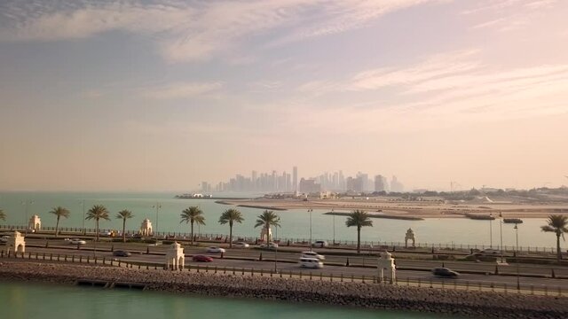 Aerial view of Doha cityscape during sunset, Qatar