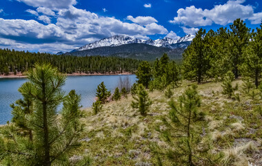Crystal Creek reservoir near snow-capped mountains Pikes Peak Mountains in Colorado Spring, US